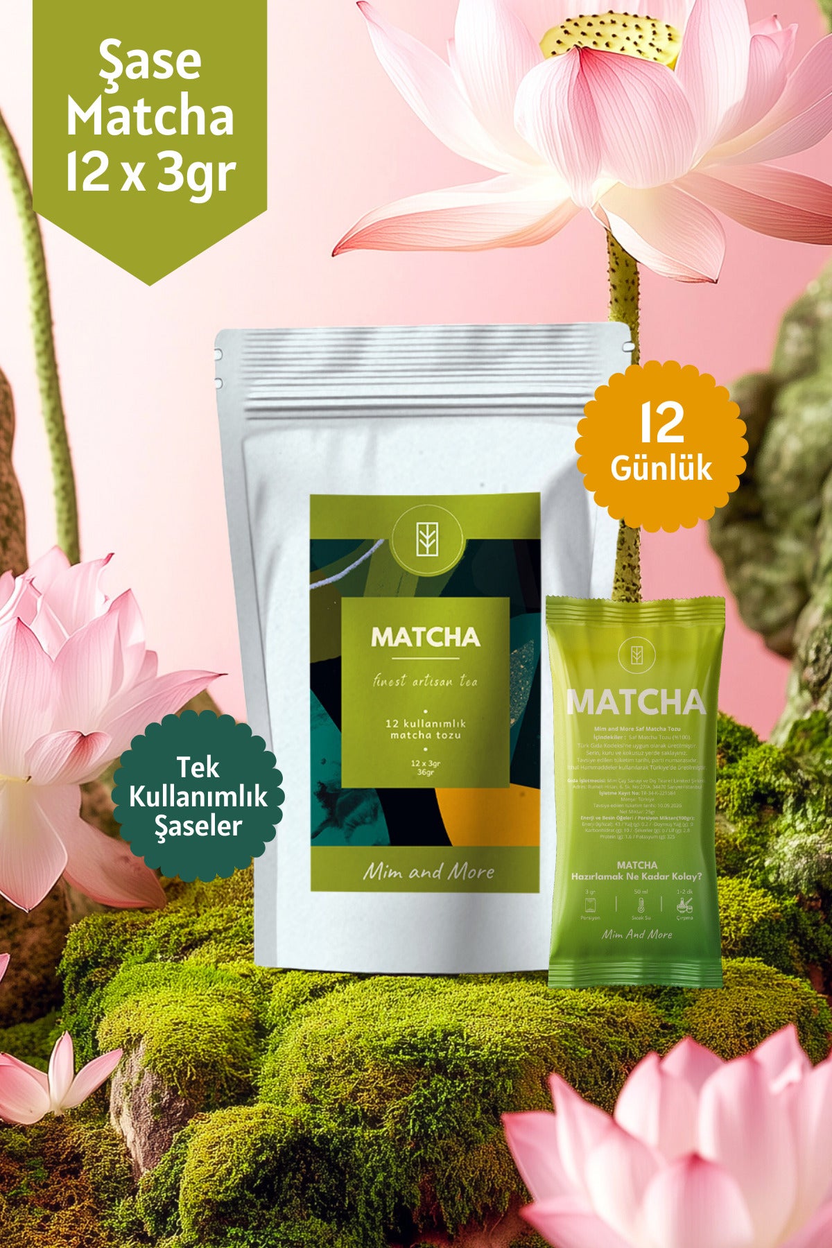 Saf Matcha Tekli Şase – 12 Günlük Özel Paket, 12x3 gr – Mim and More