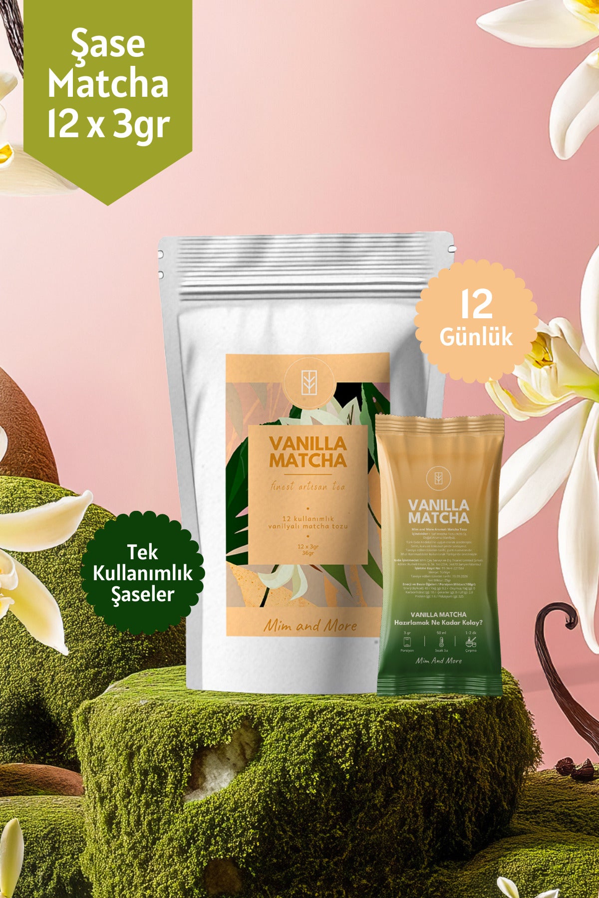 Vanilla Matcha Tekli Şase – 12 Günlük Özel Paket, 12x3 gr – Mim