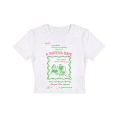 A Matcha Date Baskılı Crop Tişört – Modal Kumaş, Esnek ve Rahat, Kadın T-Shirt