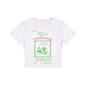A Matcha Date Baskılı Crop Tişört – Modal Kumaş, Esnek ve Rahat, Kadın T-Shirt