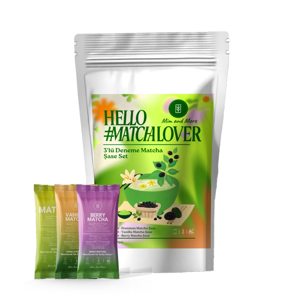 Matcha Deneme Seti 3'lü - Saf, Vanilya, Böğürtlen Aromalı Deneme Matcha Seti 3x3 g