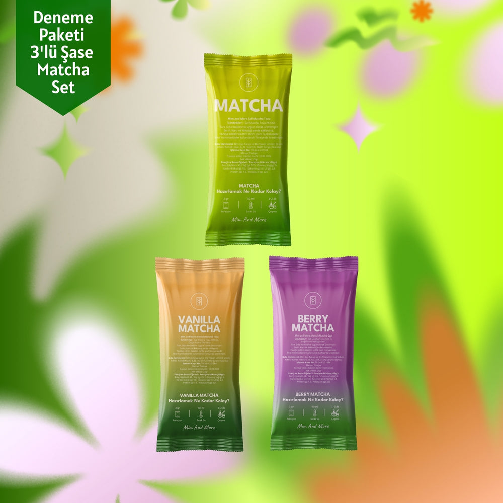 Matcha Deneme Seti 3'lü - Saf, Vanilya, Böğürtlen Aromalı Deneme Matcha Seti 3x3 g