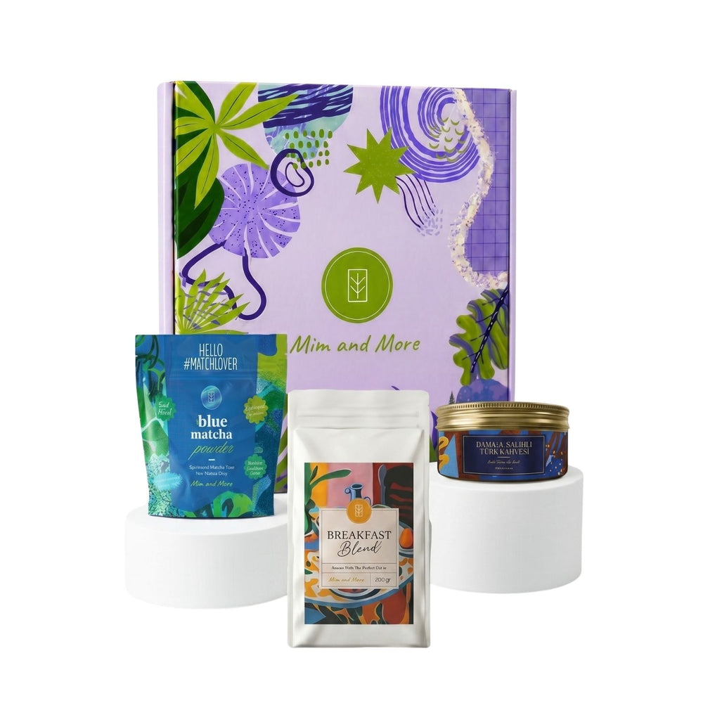 Babalar Günü Hediye Kutusu - Damla Sakızlı Türk Kahvesi, Breakfast Blend Filtre Kahve, Blue Matcha Doypack Hediye Kutusu