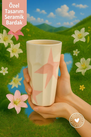 Pembe Yıldız Desenli Seramik Bardak – El Yapımı Seramik Bardak 390 ml