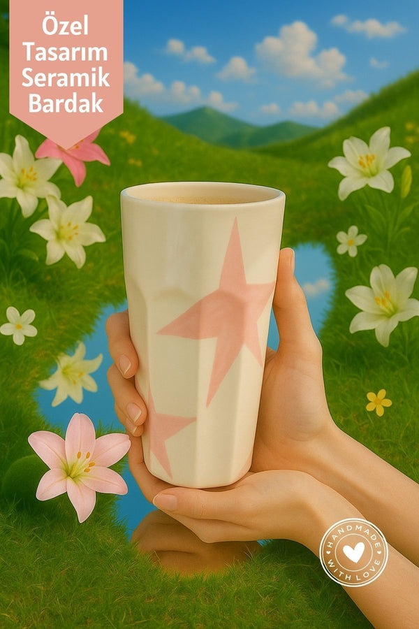 Pembe Yıldız Desenli Seramik Bardak – El Yapımı Seramik Bardak 390 ml