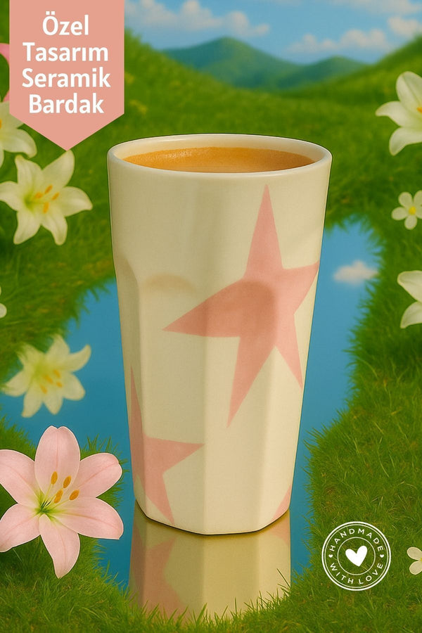 Pembe Yıldız Desenli Seramik Bardak – El Yapımı Seramik Bardak 390 ml