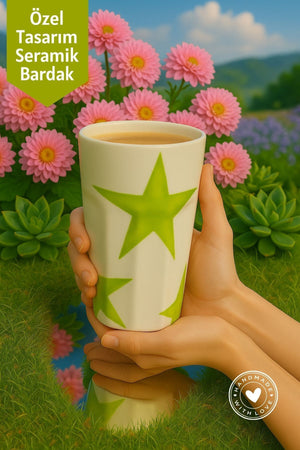 Yeşil Yıldız Desenli Seramik Bardak – El Yapımı Seramik Bardak 390 ml