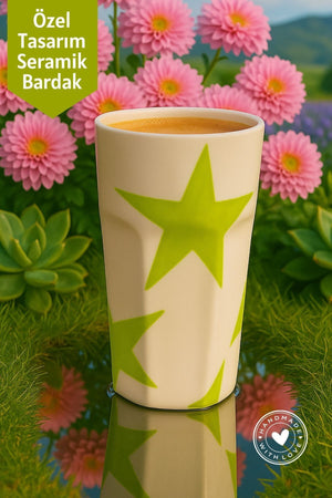 Yeşil Yıldız Desenli Seramik Bardak – El Yapımı Seramik Bardak 390 ml