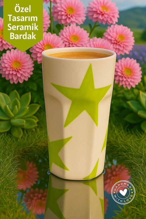 Yeşil Yıldız Desenli Seramik Bardak – El Yapımı Seramik Bardak 390 ml